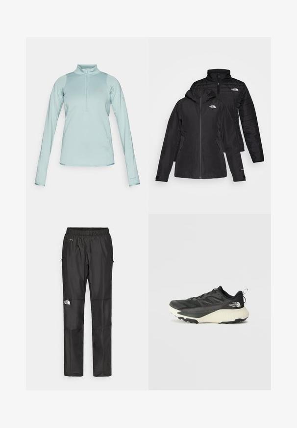 Casaco preto dois em um com uma camada externa à prova d'água e capuz, e uma camada interna acolchoada. Ambas as camadas têm fechos de zíp e logótipos.; Pullover azul-claro de mangas longas com fecho de meia-zípper na frente, tecido texturizado, detalhes lisos e logótipo "Columbia" no peito e na manga.; Calças pretas à prova d'água feitas de um tecido leve, com cintura elástica, bolsos laterais e um logótipo na perna esquerda.; Shoe atlético preto com um cabedal texturizado, apresentando detalhes em cinza e uma entressola branca. Inclui uma alça e um logótipo da marca em destaque no calcanhar.
