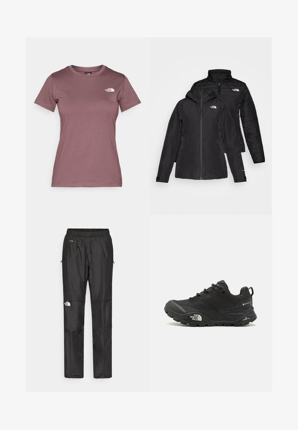 Musta kaksiosainen takki, jossa on vedenpitävä ulkokerros hupun kanssa ja käsitelty sisäkerros. Molemmissa kerroksissa on vetoketju ja logot.; T-paita lyhythihaisena, pyöreäkauluksisena vaaleanpunaisessa sävyssä, valmistettu pehmeästä kankaasta, vasemmassa rinnassa on pieni valkoinen logo. Sujuva pinta.; Mustat vettä hylkivät housut kevyestä kankaasta, joissa on joustava vyötärö, sivutaskut ja logo vasemmassa lahkeessa.; Musta vaelluskengä, jossa on teksturoitu päällinen, nauhakiinnitys ja paksu kumipohja, jossa on näkyvä logo sivulla ja kavennuskuviointi.