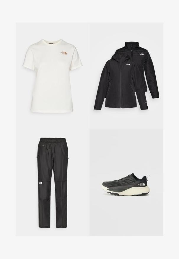 Čierna dvojvrstvová bunda s vodeodolnou vonkajšou vrstvou a kapucňou a prešívanou vnútornou vrstvou. Obe vrstvy majú zipsy a logá.; Bavlnené tričko v off-white s krátkymi rukávmi. Obsahuje logo "The North Face" v hnedej farbe na ľavej strane hrude. Klasický dizajn s okrúhlym výstrihom.; Čierne vodeodolné nohavice vyrobené z ľahkej tkaniny, s elastickým pásom, bočnými vreckami a logom na ľavom stehne.; Čierna atletická obuv s textúrovaným vrchom, s šedými akcentmi a bielou medzipodrážkou. Obsahuje pútko a výrazné logo značky na päte.