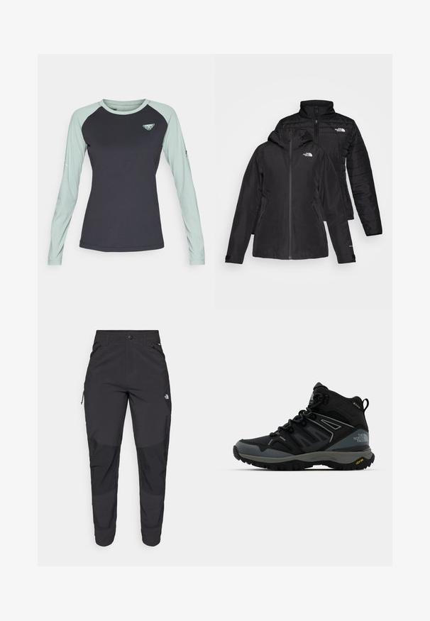 Casaco preto dois em um com uma camada externa à prova d'água e capuz, e uma camada interna acolchoada. Ambas as camadas têm fechos de zíp e logótipos.; Dynafit ALPINE PRO TEE - Camisola de manga comprida - black out/jadelite; Calças pretas para exterior feitas de um tecido resistente. Apresentam bolsos com fecho, painéis de joelhos reforçados e um design de corte reto para maior mobilidade.; Bota de caminhada de altura média em preto e cinza. Apresenta um cabedal texturizado, biqueira reforçada e sola Vibram para tração. Design leve.