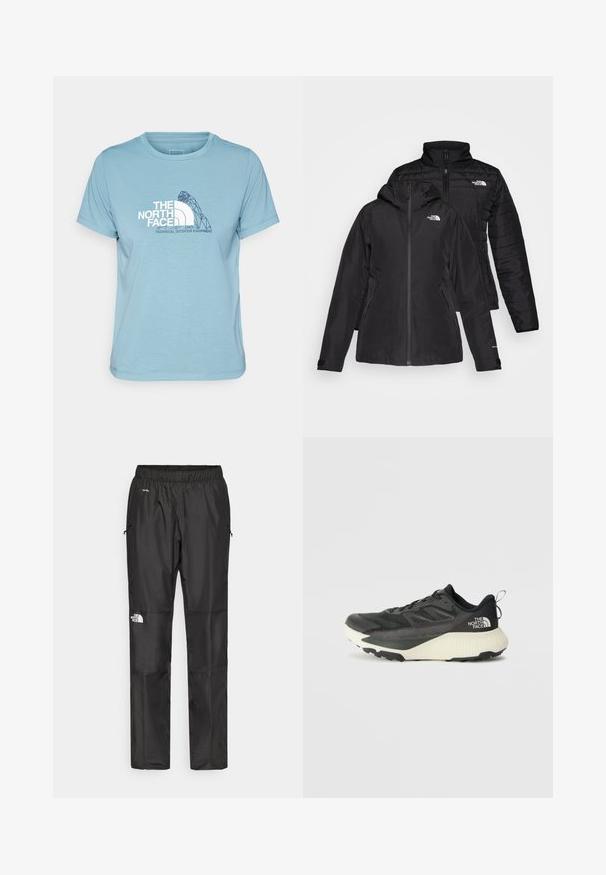 Svart två-i-ett-jacka med ett vattentätt ytterskikt som har huva och ett vadderat inre lager. Båda lagren har dragkedjor och logotyper.; Ljusblå bomullströja med ett vitt geometriskt logotryck med "THE NORTH FACE" och "TECHNICAL OUTDOOR EQUIPMENT." Kortärmad.; Svarta vattentäta byxor i lättviktsmaterial, med elastisk midja, sidofickor och en logotyp på vänster ben.; Svart atletisk sko med en texturerad ovandel, med grå accenter och en vit mellanläggssula. Inkluderar en dragtab och en framträdande varumärkeslogotyp på hälen.