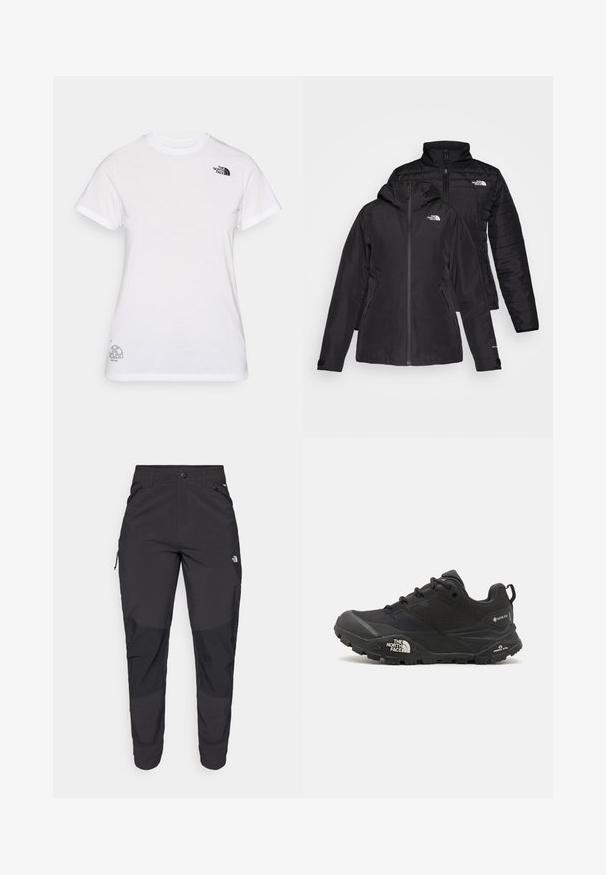 Črna jakna dva-v-enem, ki ima vodoodporen zunanji sloj s kapuco in prešito notranjo plast. Obe plasti imata zadrge in logotipe.; Bela bombažna majica z črnim logotipom na levem prsnem delu in sivo grafiko v spodnjem desnem kotu. Klasičen kroj s kratkimi rokavi in okroglim izrezom.; Črne zunanje hlače iz trpežnega materiala. Imajo žepke na zadrgo, ojačane kolenske dele in ravno krojeno zasnovo za prosto gibanje.; Črne pohodne čevlje z teksturirano zgornjim delom, vezalnim zapiranjem in masivnim gumijastim podplatom, ki ima opazen logotip na strani in vzorce profila.
