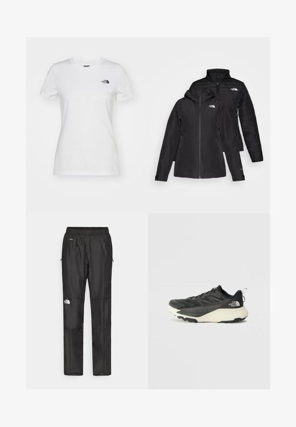Musta kaksiosainen takki, jossa on vedenpitävä ulkokerros hupun kanssa ja käsitelty sisäkerros. Molemmissa kerroksissa on vetoketju ja logot.; Valkoinen puuvillainen t-paita, jossa on pyöreä pääntie, lyhyet hihat ja pieni musta logo vasemmassa rinnassa. Suora tekstuuri ja istuva muoto.; Mustat vettä hylkivät housut kevyestä kankaasta, joissa on joustava vyötärö, sivutaskut ja logo vasemmassa lahkeessa.; Musta urheilukengä, jossa on teksturoitu päällinen, harmaita yksityiskohtia ja valkoinen välipohja. Sisältää vetotagin ja näkyvän tuotemerkin logon kantapäässä.