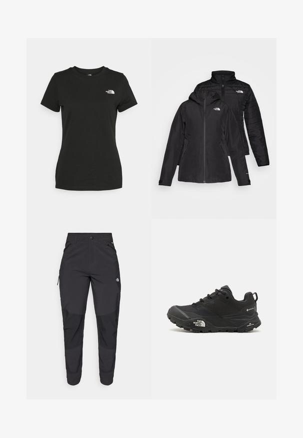 Must musta kahe-osaline jakk, millel on veekindel välimine kihte kapuutsiga ja sooja voodriga sisemine kihte. Mõlemal kihil on lukuga kinnitused ja logod.; Mustvalge puuvillane t-särk, millel on ümber kaeluse lõige ja lühikesed varrukad. Märkimisväärne valge logo vasakul ülal nurgas. Sile tekstuur, mugav lõige.; Must black välitingimustes püksid, mis on valmistatud vastupidavast kangast. Omavad lukugaTaskuid, tugevdatud põlvepaneele ja sirget lõiget liikuvuse tagamiseks.; Mustad matkajalanõud musta värvi, tekstuurse ülemise osa, paeltega kinnituse ja volüümika kummitald, millel on silmapaistev logo külgedel ja mustrimuster.