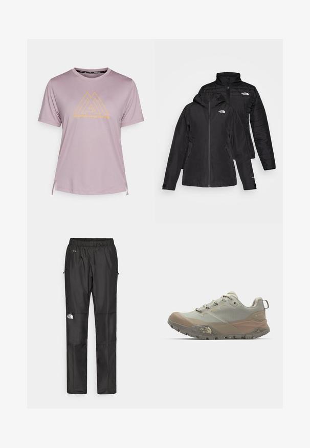 Svart to-i-én-jakke med et vanntett ytterlag og hette, samt et quiltet indre lag. Begge lagene har glidelåslukking og logoer.; The North Face MOUNTAIN ATHLETICS FLEX TEE - T-shirts med print - purple chalk; Sorte vanntette bukser laget av lettvektig stoff, med elastisk midjebånd, sidelommer og en logo på venstre ben.; Lys grå sportssko med beige aksenter, laget av syntetisk materiale. Har en robust såle, snøring, og merking på siden.