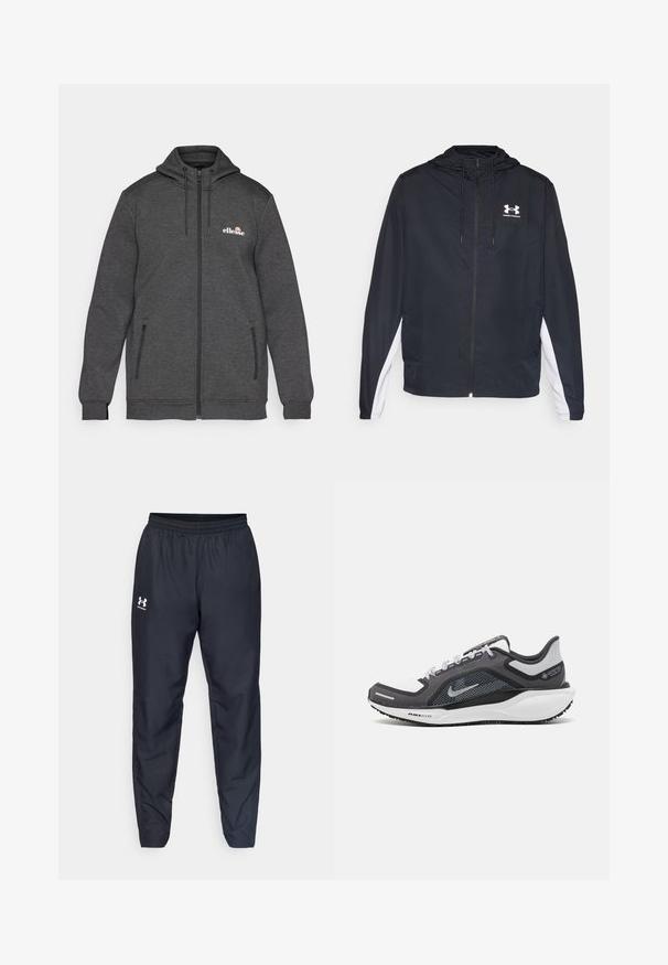 Crna sportska jakna s kapuljačom, zatvaranjem na patentni zatvarač i bijelim bočnim panelima. Ima logo na prsima i elastične manžete za čvrsto prianjanje.; Siva zip-up majica s kapuljačom na vezanje, bočnim džepovima, rebrastim manžetama i malim bijelim logotipom na prsima. Mekana tkanina.; Crna majica kratkih rukava od pamuka, s okruglim izrezom i malim crnim logotipom na lijevoj strani prsnog područja.; Crne sportske hlače s elastičnim pojasom, sužavajućim nogavicama i bijelim logotipom sa strane. Izrađene od laganog i izdržljivog materijala.; Crne i sive atletske cipele s mrežastim gornjim dijelom, reflektirajućim detaljima i bijelim među-djelom. Imaju strukturiranu gumenu potplate i vezice.