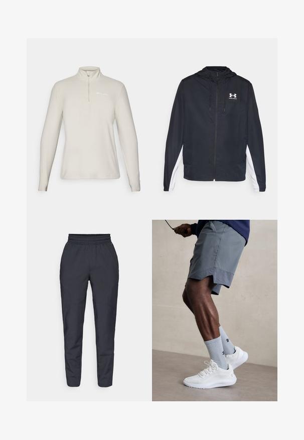 Schwarze Sportjacke mit Kapuze, Reißverschluss und weißen seitlichen Einsätzen. Sie verfügt über ein Logo auf der Brust und elastische Bündchen für eine sichere Passform.; Champion HALF ZIP TOP - Fleecepullover - beige; Marinefarbene, schmal zulaufende Hosen aus weichem Stoff mit einem elastischen Bund, seitlichen Taschen und einer glatten Textur mit dezenten Nähdetails.; Weiße Sportschuhe mit strukturiertem Mesh-Obermaterial, kombiniert mit hellblauen gerippten Socken mit einem Logo. Graue Sportshorts mit perforiertem Saum.