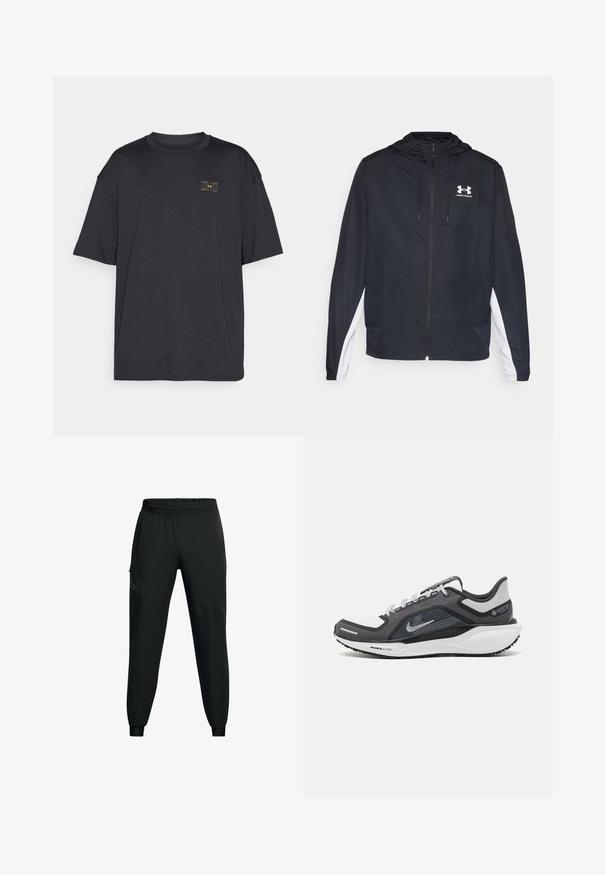 Czarna sportowa kurtka z kapturem, zapinana na zamek błyskawiczny, z białymi panelami bocznymi. Posiada logo na piersi oraz elastyczne mankiety dla pewnego dopasowania.; Czarny t-shirt z krótkim rękawem wykonany z gładkiego materiału, z małą żółtą łatką z logo na piersi. Krój jest luźny, z okrągłym dekoltem.; Czarne sportowe spodnie z elastycznym paskiem, zwężającym się krojem nogawek, bocznymi kieszeniami oraz kontrastowymi detalami. Lekki, gładki materiał.; Czarne i szare buty sportowe z siateczkową cholewką, odblaskowymi akcentami i białą podeszwą środkową. Posiadają teksturowaną gumową podeszwę i sznurowadła.