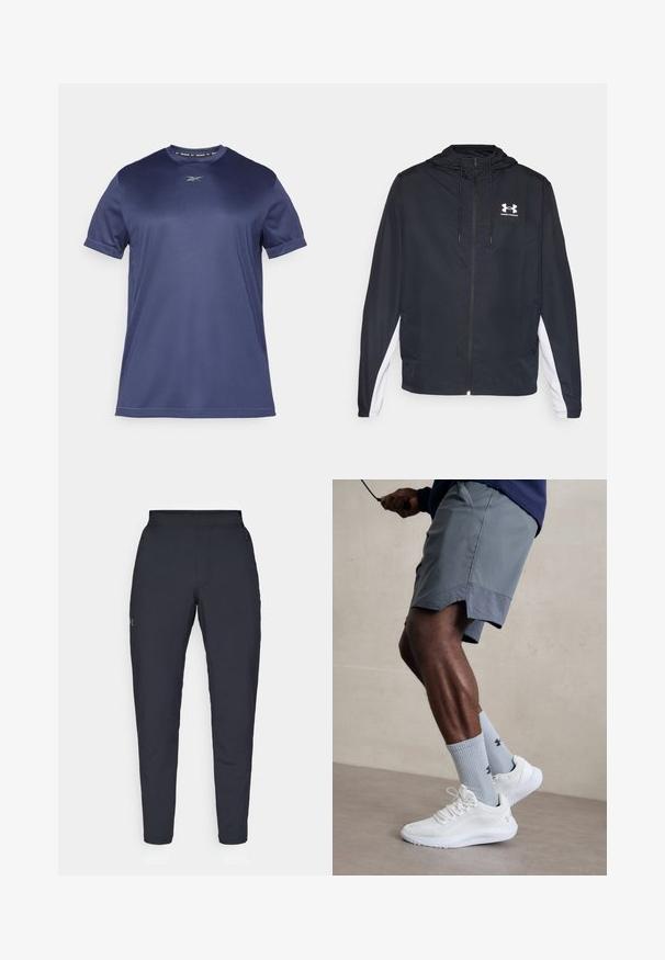 Black athletic jacket with a hood, zip closure, and white side panels. Features a logo on the chest and elastic cuffs for a secure fit.; Navy blue short-sleeve athletic t-shirt made of smooth, stretchy fabric. Features a round neckline and subtle logo on the chest.; Black athletic pants with a smooth texture, slim fit, elastic waistband, and side pockets. Features a small logo on the left thigh.; White athletic shoes with textured mesh upper, paired with light blue ribbed socks featuring a logo. Grey athletic shorts with perforated trim.