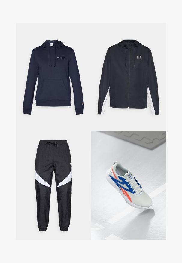 Black windbreaker jacket with a hood, featuring white side accents. Constructed from lightweight material, includes a front zipper and logo.; Navy hoodie with a front pocket, drawstring hood, and subtle embroidered logo. Soft fabric with ribbed cuffs and hem.; Black athletic pants made of textured fabric with a drawstring waistband, featuring white diagonal accents on the sides and elastic cuffs.; White athletic shoe with blue and red accents, laced and floating above a light grey floor with a line and mat in the background.