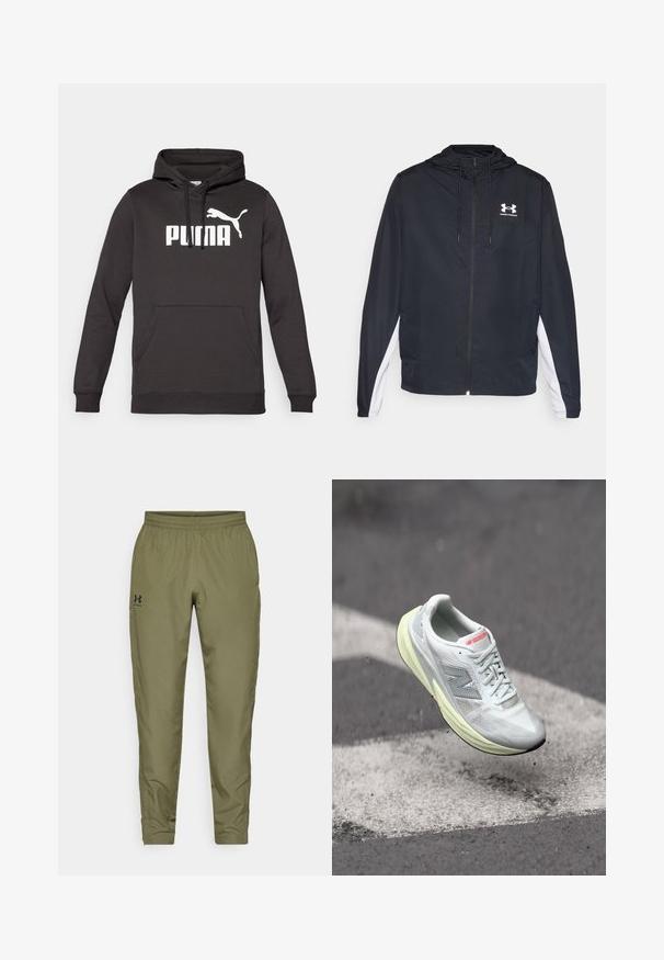 Juoda vėjuota striukė su kapišonu, su baltais šonų akcentais. Pagaminta iš lengvos medžiagos, turi priekinį užtrauktuką ir logotipą.; Juodas džemperis su gobtuvu ir priekinėm kengūros kišenėm, su ryškiu baltu "PUMA" logotipu ir baltu puma siluetu. Minkšta medžiagos tekstūra.; Alyvuogių spalvos sportiniai džinsai su elastinga juosta, siaurėjančiomis kojomis, glotnia tekstūra ir mažu juodu logotipu kairėje pusėje.; Lengvi bėgimo bateliai su balta tinkline viršutinės dalies medžiaga, geltonu vidpadžiu ir pilkais akcentais. Sukurti su išsiskiriančiu „N“ logotipu ir tekstūruota paviršiumi.