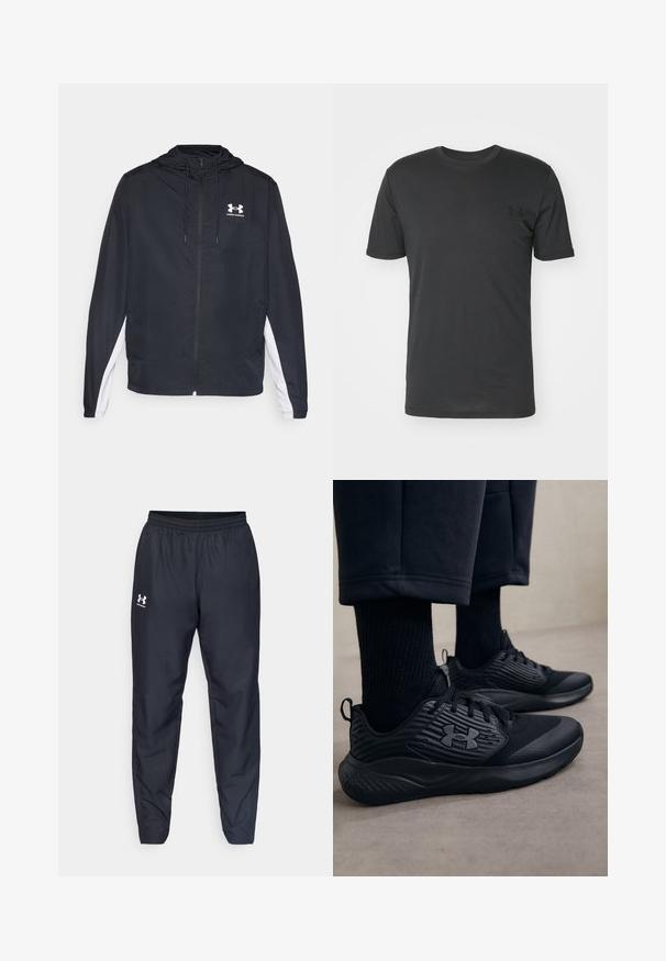 Black windbreaker jacket with a hood, featuring white side accents. Constructed from lightweight material, includes a front zipper and logo.; Black short-sleeve t-shirt made of cotton, featuring a round neckline and a small black logo on the left chest area.; Black athletic pants featuring an elastic waistband, tapered legs, and a white logo on the side. Made from lightweight, durable fabric.; Person wearing black athletic sneakers with textured sides and logo, paired with black socks and cropped pants on a light floor.