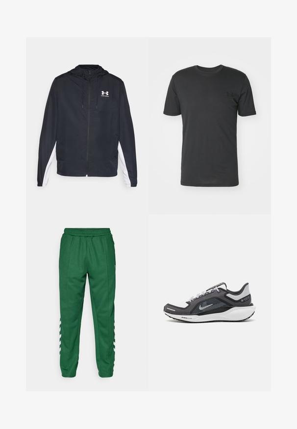 Sort vindjakke med hætte og hvide sidelommer. Fremstillet af letvægtsmateriale, inkluderer en lynlås foran og logo.; Sort kortærmet t-shirt lavet af bomuld, med en rund halsudskæring og et lille sort logo på venstre brystområde.; Grønne sportsbukser med elastisk talje, sidelommer og hvide skrå striber på de nedre sider. Glat stofstruktur.; Sort og grå atletisk sko med en mesh-overdel, reflekterende detaljer og en hvid mellemsål. Har en tekstureret gummisål og snørebånd.