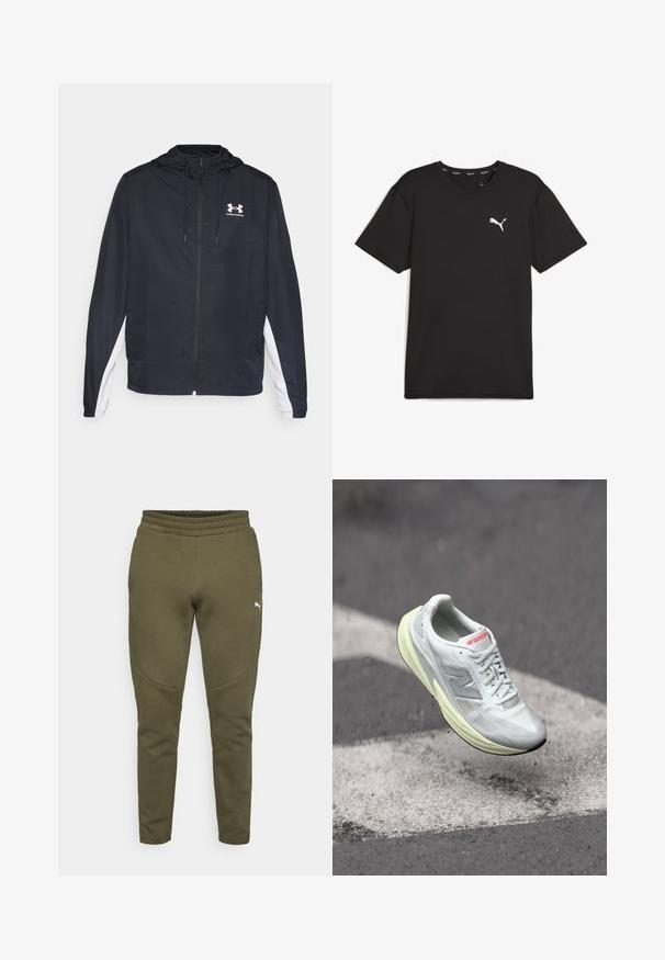 Sort vindjakke med hætte og hvide sidelommer. Fremstillet af letvægtsmateriale, inkluderer en lynlås foran og logo.; Sort kortærmet atletisk T-shirt lavet af syntetisk stof, med et hvidt Puma-logo på den øverste venstre bryst. Glat tekstur, rund hals.; Olivengrønne sweatpants med en tætsiddende pasform, elastisk talje og et lille hvidt logo på venstre side. Blødt stof med en glat overflade.; Letvægts løbesko med en hvid mesh-overdel, gul mellemsål og grå accenter. Har et fremtrædende ‘N’ logo og tekstureret overflade.