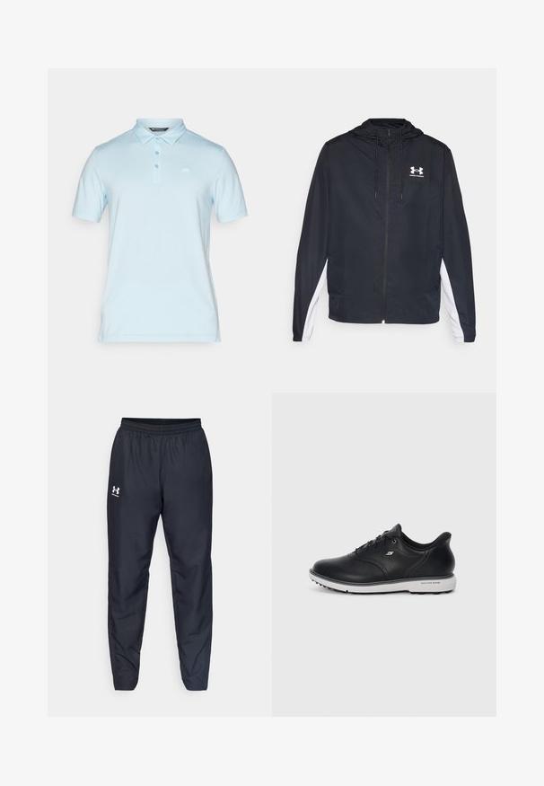 Must tuulekindel jakk kapuutsiga, millel valged külgedetailid. Valmistatud kerge materjaliga, ees tõmblukk ja logo.; Hele helesinine polo särk, mis on valmistatud pehmest puuvillast. Omab kraed, lühikesi varrukasid ja kolme nööpi. Rinnal on väike logo.; Mustad mustrena spordipüksid, millel on elastne vöökoht, kitsenevad sääred ja valge logo külgedel. Valmistatud kergest ja vastupidavast kangast.; Must on must lace-up Skechers tossud valge tallaga, külje logo ja tekstuurse haardega tallal, lihtsa heleda tausta ees.