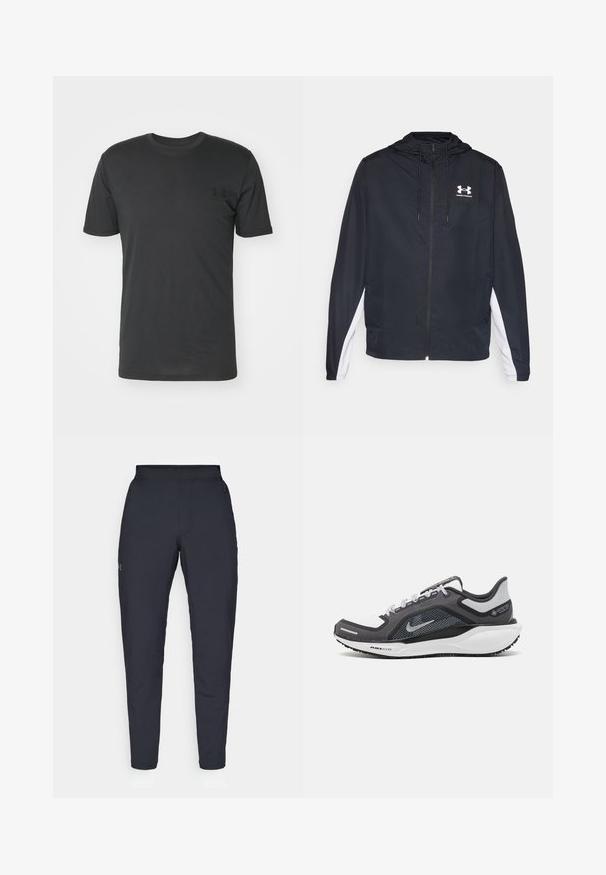 Melna vēja plīvura jaka ar kapuci, ar baltām sānu detaļām. Izgatavota no viegla materiāla, tai ir priekšējā rāvējslēdzēja un uzšūta logo.; Melna īsām piedurknēm T-kreklā, kas izgatavots no kokvilnas, ar apaļu kakla izgriezumu un mazu melnu logotipu kreisajā krūšu daļā.; Melnas sporta bikses ar gludu tekstūru, šauru piegriezumu, elastīgu jostu un sānu kabatām. Uz kreisā augšstilba ir mazs logs.; Melnas un pelēkas sporta kurpes ar tīklu augšdaļu, atstarojošiem akcentiem un baltu starpzoli. Aprīkotas ar teksturētu gumijas zoli un šņorēm.