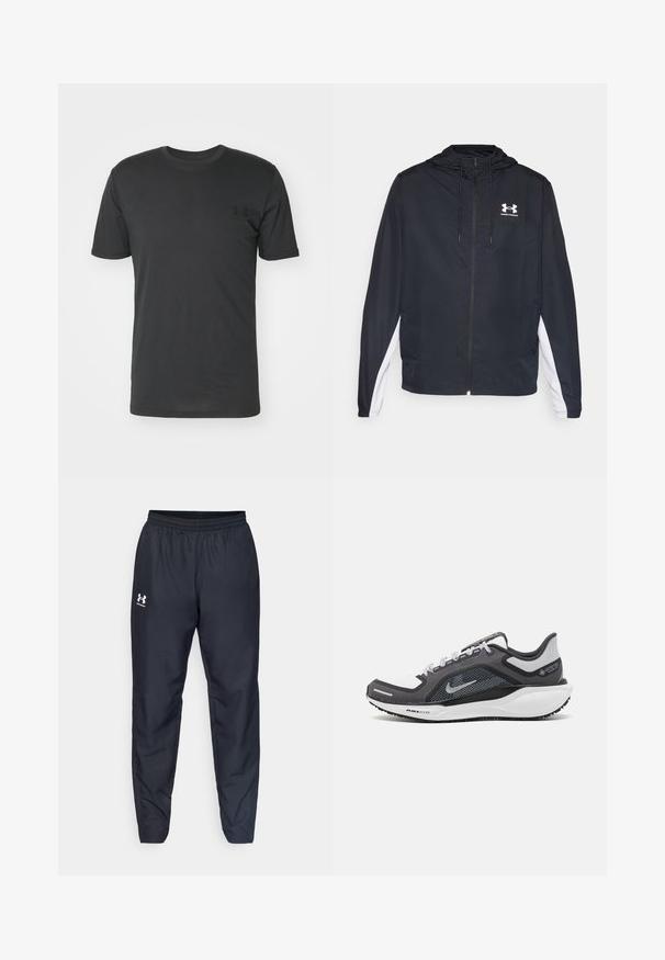 Melna vēja plīvura jaka ar kapuci, ar baltām sānu detaļām. Izgatavota no viegla materiāla, tai ir priekšējā rāvējslēdzēja un uzšūta logo.; Melna īsām piedurknēm T-kreklā, kas izgatavots no kokvilnas, ar apaļu kakla izgriezumu un mazu melnu logotipu kreisajā krūšu daļā.; Melnas sporta bikses ar elastīgu jostu, sašaurinātiem galiem un baltu logotipu sānos. Izgatavotas no viegla, izturīga auduma.; Melnas un pelēkas sporta kurpes ar tīklu augšdaļu, atstarojošiem akcentiem un baltu starpzoli. Aprīkotas ar teksturētu gumijas zoli un šņorēm.