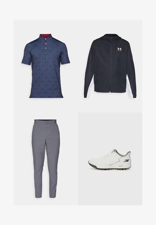 Juoda vėjuota striukė su kapišonu, su baltais šonų akcentais. Pagaminta iš lengvos medžiagos, turi priekinį užtrauktuką ir logotipą.; Tamsiai mėlynas polo marškinėlis su apykakle, puoštu baltais ir raudonais rombais, mygtukų užsegimu ir kontrastinga raudona apykakle viduje. Trumpomis rankovėmis.; Pilki, siauri kelnių modeliai su sklandžiu paviršiumi, elastingu juosmeniu ir šoninėmis kišenėmis. Kairiojo šlaunies pusėje yra maža logotipo detalė.; Balti sportiniai batai su lygiu viršumi, pilkais akcentais ir tekstūruota juoda padanga, turinčia oranžinius spygliais. Lengvas dizainas, orientuotas į komfortą.