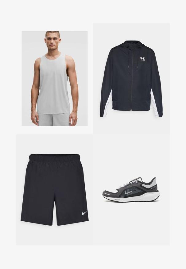 Sort vindjakke med hætte og hvide sidelommer. Fremstillet af letvægtsmateriale, inkluderer en lynlås foran og logo.; Lys grå atletisk tanktop med rund halsudskæring og ærmeløs design, lavet af et åndbart materiale med subtile teksturdetaljer.; Sorte atletiske shorts lavet af letvægtsmateriale med en elastisk talje. Har et lille hvidt Nike-logo i nederste venstre hjørne.; Sort og grå atletisk sko med en mesh-overdel, reflekterende detaljer og en hvid mellemsål. Har en tekstureret gummisål og snørebånd.