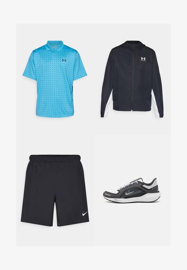 Giacca antivento nera con cappuccio, caratterizzata da dettagli laterali bianchi. Realizzata in materiale leggero, comprende una cerniera frontale e un logo.; Polo blu con colletto e pattina con bottoni, decorato con motivi a pois neri e un piccolo logo blu navy sul petto.; Shorts sportivi neri realizzati in materiale leggero con vita elastica. Presentano un piccolo logo Nike bianco sul lato sinistro in basso.; Scarpa da ginnastica nera e grigia con tomaia in rete, dettagli riflettenti e intersuola bianca. Presenta una suola in gomma testurizzata e lacci.