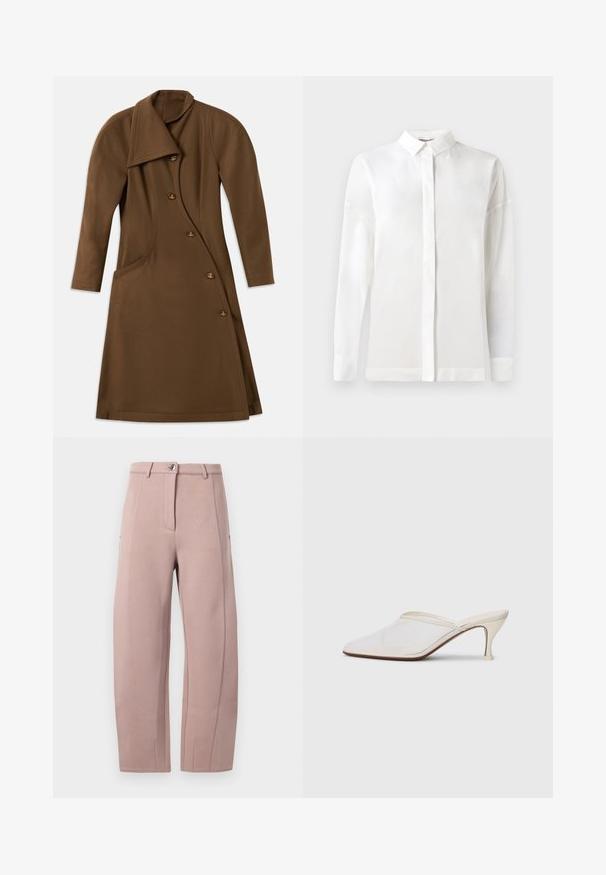 Hnedý dlhý kabát s asymetrickým predným dielom, zakriveným bočným švom a štyrmi gombíkmi s detailom zlatého emblému.; Biela košeľa s dlhým rukávom a gombíkovým golierom, hladká textúra, rovný strih a skrytá léga. Mäkko, ľahký materiál bez vzorov.; Nohavice z jemnej, svetloružovej tkaniny so strvývým strihom, s predným zipsom, s gombíkovým zapínaním a bočnými vreckami. Hladká textúra s detailmi švov.; Biele sieťované lodičky s špicatou špičkou, s úzkym stredne vysokým podpätkom a bez zapínania, na jednobodovom pozadí.