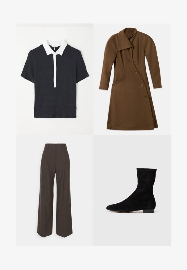 Bruine lange jas met een asymmetrische voorkant, gebogen zijnaad en vier knopen met een goudkleurig embleem detail.; Marineblauwe polo met korte mouwen en een witte kraag, met een knoopsluiting en een gestructureerde stof. Klassiek ontwerp en getailleerde pasvorm.; Donkerbruine wijde broek met een hoge taille, voorzien van strak geplooide plooien, een zachte textuur en een op maat gemaakte pasvorm.; Zwarte suède enkelboot met een aansluitende schacht, puntige neus en een lage blokhak. Gladde textuur en minimalistisch ontwerp, geschikt voor veelzijdige styling.