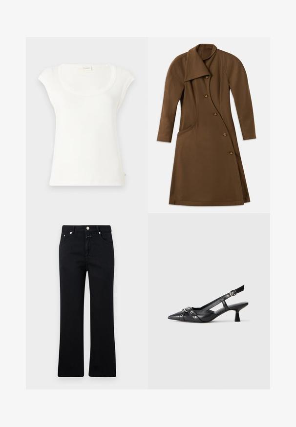 Palton lung maro cu un croi asimetric în față, cusătură laterală curbată și patru butoane cu detalii emblematice aurii.; Tricou alb cu mânecă scurtă, confecționat din bumbac moale. Are un decolteu rotund și o croială lejeră. Etichetele sunt atașate pe spate.; Blugi negri cu un design drept, stil cu cinci buzunare, accesorii metalice și o textură moale de denim. Minimalist și uniform ca și culoare.; Pantofii slingback din piele neagră, cu vârful ascuțit, curele decorative cu ochiuri din metal și toc bloc mic. Suprafață texturată.