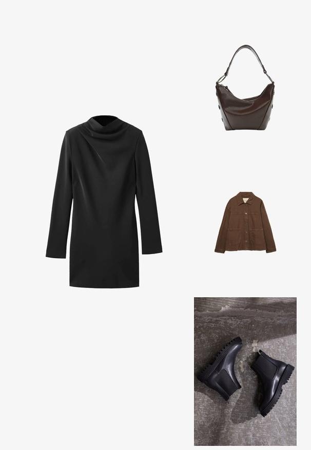 Rjava bombažna jakna z ovratnikom, sprednjimi snap gumbi in dvema velikima žepoma. Čista, ravna krojna zasnova.; Črna obleka z dolgimi rokavi in cowl izrezom, z gladko površino in oprijetim krojem, izdelana iz lahkotnega materiala.; Črne gležnjarje z debelim podplatom, elastikami in gladkim usnjem. Opazen žlebast zunanji podplat in eleganten silhueta.; Temna rjava usnjena torbica s ukrivljeno obliko, z zadrgo in kratko ročico. Ima kovinske dodatke in okrasne črne gumbe na strani.