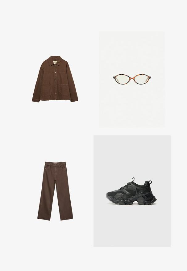 Smeđa pamučna jakna s ovratnikom, prednjim snap gumbima i dva velika džepa. Čist, ravno krojen dizajn.; Bežani skraćeni pulover napravljen od mekog pletenog materijala. Ima okrugli izrez, duge rukave i rebraste manžete i porub za dodatnu teksturu.; Proširene smeđe traperice od denima, s visokim strukom, prednjim džepovima i klasičnom kopčom na dugme. Glatka tekstura s suptilnim šavovima.; Even&Odd Wide Fit MAURITANIA - Tenisice - black; Naočale u boji kornjače s ovalnim staklima i elegantnim, glatkim završetkom. Imaju tanke strane s suptilnom krivuljom na sljepoočnicama. Prozirna stakla.