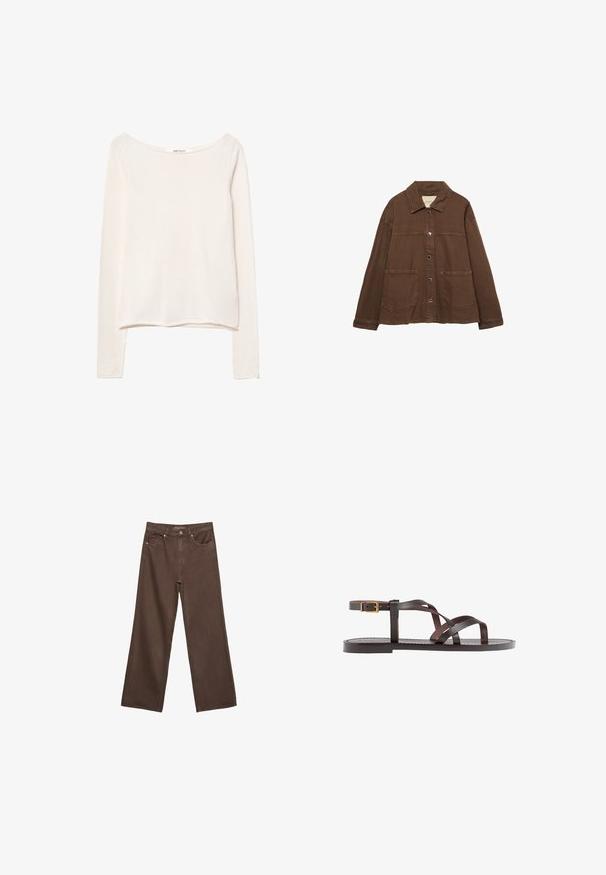 Brun bomuldsjakke med krave, frontknapper og to store påsyede lommer. Renskåret, lige snit.; Langærmet, let top i blød off-white stof, med en bred halsudskæring og en afslappet pasform. Glat tekstur uden mønstre.; Bredde ben brun denim jeans med høj talje, forlommer og klassisk knaplukning. Glat tekstur med diskret syninger.; Brune lædersandal med krydsende stropper, ankelspænde og en flad sål med minimale syninger.
