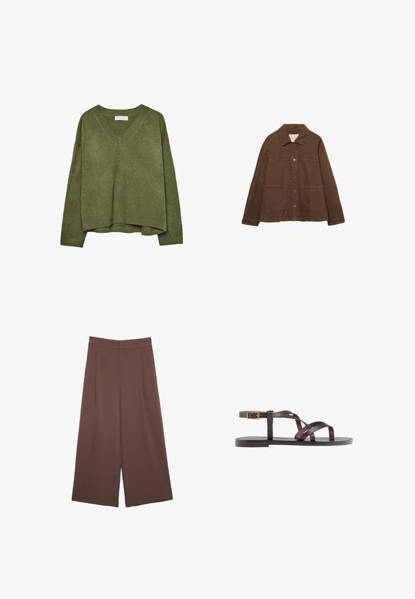 Brown cotton jacket featuring a collared neckline, front snap buttons, and two large patch pockets. Clean, straight-cut design.; Olive green V-neck knitted sweater with long sleeves and ribbed cuffs and hem, slightly cropped fit.; Brown wide-leg trousers with a smooth texture, featuring a high waist and front pleats. The fabric is lightweight and flows loosely.; Brown leather sandal featuring crisscross straps, an ankle buckle closure, and a flat sole with minimal stitching details.