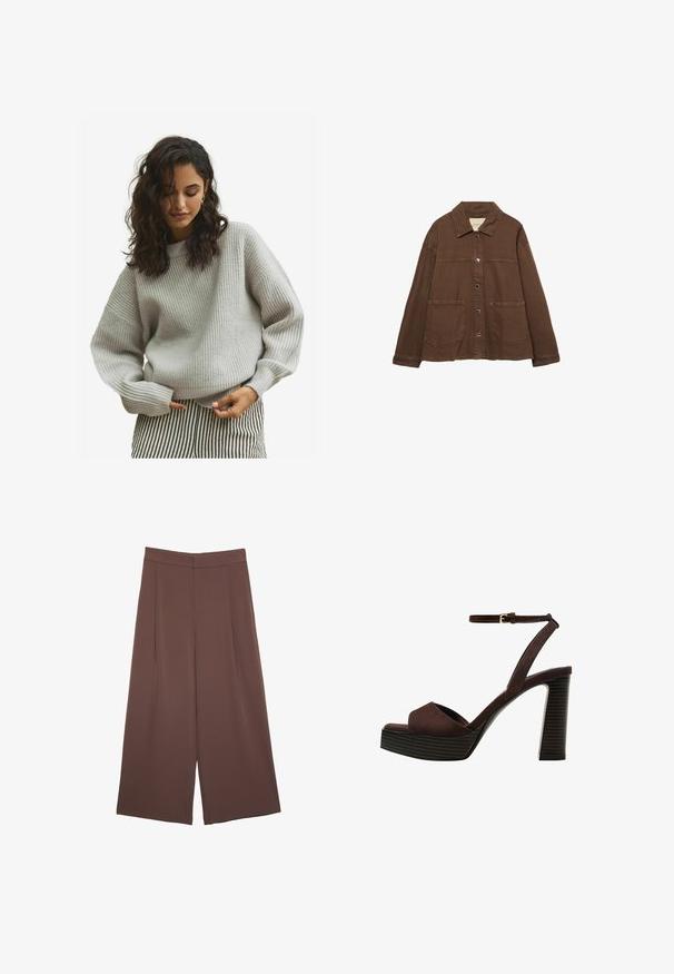 Brązowa bawełniana kurtka z kołnierzykiem, z przodu na zatrzaski i dwiema dużymi naszywanymi kieszeniami. Czysty, prosty krój.; Szary sweter z prążkowanego materiału o luźnym kroju, z długimi rękawami i okrągłym dekoltem, zestawiony z czarno-białymi spodniami w paski.; Brązowe spodnie o szerokich nogawkach z gładką fakturą, z wysokim stanem i plisami z przodu. Materiał jest lekki i luźno opada.; Brązowe zamszowe sandały na wysokim obcasie z odkrytymi palcami, regulowanym paskiem na kostce i paskowatą podeszwą.