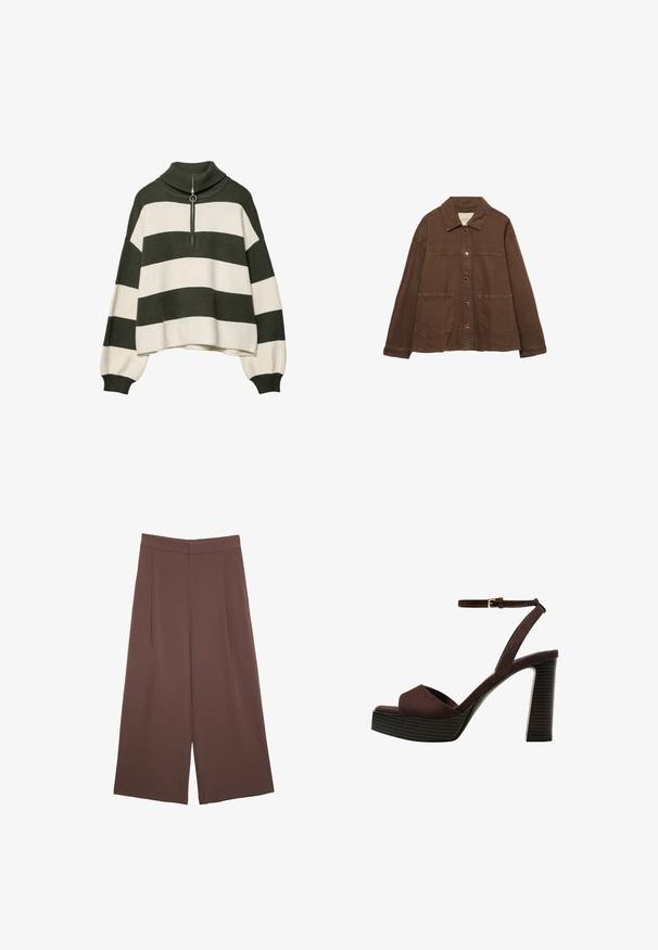 Rjava bombažna jakna z ovratnikom, sprednjimi snap gumbi in dvema velikima žepoma. Čista, ravna krojna zasnova.; Pletena jopica z visokim ovratnikom, ki ima olivno zeleno in kremno barvno kombinacijo s horizontalnimi črtami. Vključuje tudi srebrno zadrgo na vratu.; Rjave široke hlače z gladko teksturo, ki imajo visok pas in sprednje naborke. Tkanina je lahka in prosto pada.; Rjave semiš sandale z visoko peto, odprto spredaj, z nastavljivim gležnjenjem in črtastim podplatom.