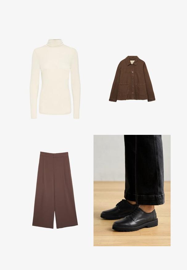 Hnedá bavlnená bunda s límcom, prednými cvokmi a dvoma veľkými náprsnými vreckami. Čistý, rovný strih.; Svetr s dlhým rukávom v krémovej farbe s priliehavým strihom a hladkou textúrou látky, vystavený na obyčajnom bielom pozadí.; Hnedé nohavice so širokými nohavicami a hladkou textúrou, s vysokým pásom a prednými skladmi. Tkanina je ľahká a voľne sa pohybuje.; Čierne kožené šnurovacie topánky s hladkým povrchom, zaoblenou špičkou a hrubou gumovou podrážkou, skombinované s skrátenými tmavými džinami.