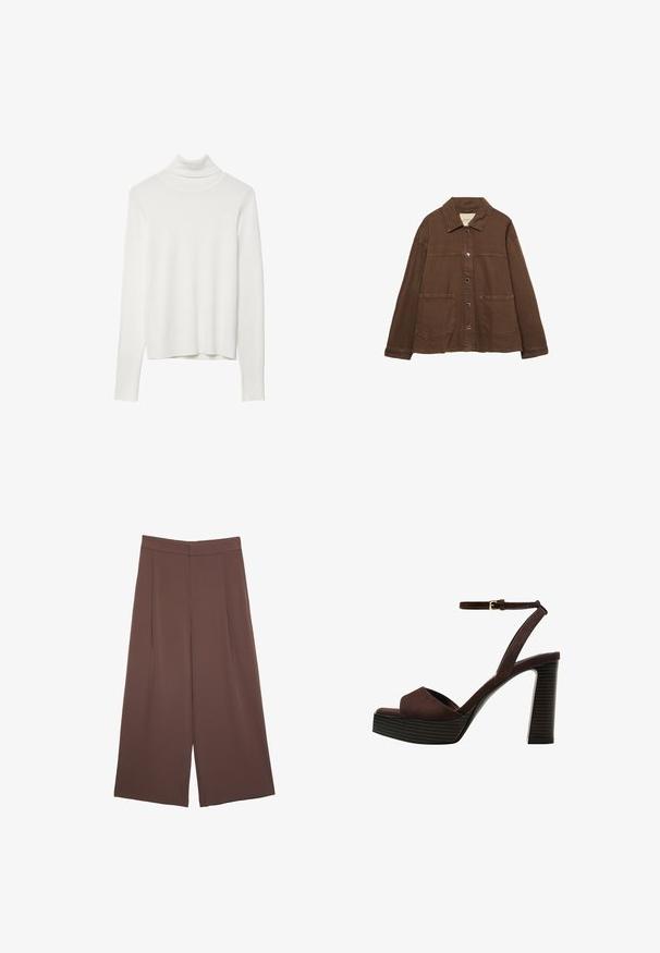 Braune Baumwolljacke mit einem Kragen, vorderen Druckknöpfen und zwei großen aufgesetzten Taschen. Sauberes, geradliniges Design.; Weißer Rollkragenpullover mit langen Ärmeln, strukturierter Rippoptik, tailliertem Design und geradem Saum, aus weichem Strickmaterial gefertigt.; Braune Weite-Leg-Hosen mit einer glatten Textur, hoher Taille und Vorderfalten. Der Stoff ist leicht und fällt locker.; Braune Wildleder-Pumps mit offenem Zeh, verstellbarem Knöchelriemen und gestreiftem Plateausohlen.