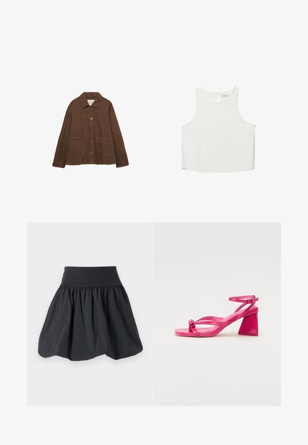 Giacca in cotone marrone con colletto, bottoni a pressione frontali e due grandi tasche a toppa. Design pulito e dritto.; Top bianco senza maniche con scollo rotondo, caratterizzato da una sottile trama, dettaglio a rombo sul retro e orlo dritto.; Gonna nera con vita elastica realizzata in tessuto leggero e stropicciato. Presenta una silhouette svasata e una texture arricciata per volume.; Sandali con tacco in pelle verniciata rosa, con punta quadrata, cinturini stretti e un tacco a blocco geometrico. Presentano un dettaglio con fibbia sul cinturino.