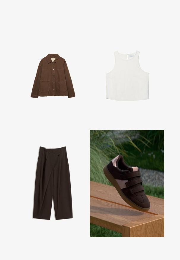 Smeđa pamučna jakna s ovratnikom, prednjim snap gumbima i dva velika džepa. Čist, ravno krojen dizajn.; Bijela bezrukavna majica s okruglim izrezom, koja ima suptilnu teksturu, detalj u obliku ključa na leđima i ravni rub.; Tamno smeđe široke hlače s visokim strukom, s jednim dugmadi na zakopčavanju i pregibom sprijeda. Izrađene od laganog materijala.; Smeđe sued čarape sa ružičastim akcentom, sa tri čičak trake i teksturiranom gumom, postavljene na drvenu površinu.