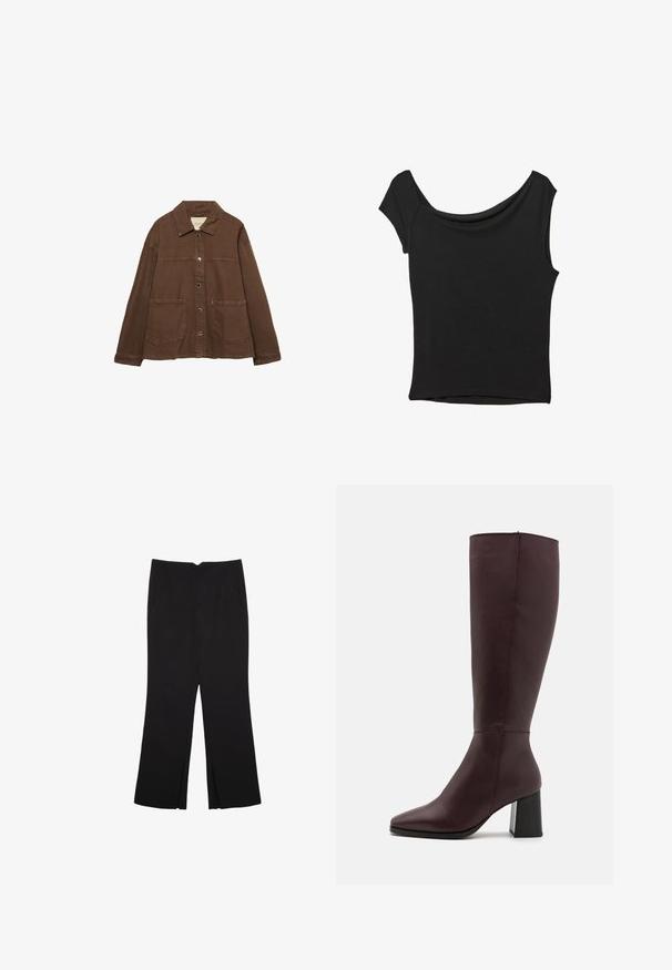 Hnědá bavlněná bunda s límcem, předními patentními knoflíky a dvěma velkými našitými kapsami. Čistý, rovný střih.; Černý krátký rukáv top vyrobený z hladké látky; má drapovaný výstřih a asymetrický lem, s přiléhavým střihem.; Černé kalhoty s rovným střihem, s předními kapsami a bočními rozparky na lemu. Vyrobené z jemné, hladké tkaniny. Vhodné na různé příležitosti.; Zign LEATHER - Vysoká obuv - bordeaux