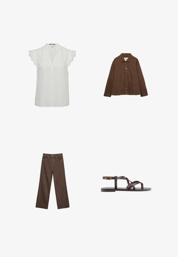 Bruine katoenen jas met een kraag, voorzijde met drukknoopjes en twee grote opgestikte zakken. Strak, rechtlijnig ontwerp.; Witte blouse met een diepe V-hals, korte mouwen met ingewikkelde kantafwerking en een relaxed pasvorm. Glad stoftextuur.; Brede bruine spijkerbroek van denim, met een hoge taille, voorzakken en een klassieke knoopsluiting. Soepele textuur met subtiele stiksels.; Bruine leren sandaal met kruisingen van banden, een enkelgesp-sluiting en een platte zool met minimale stikdetails.