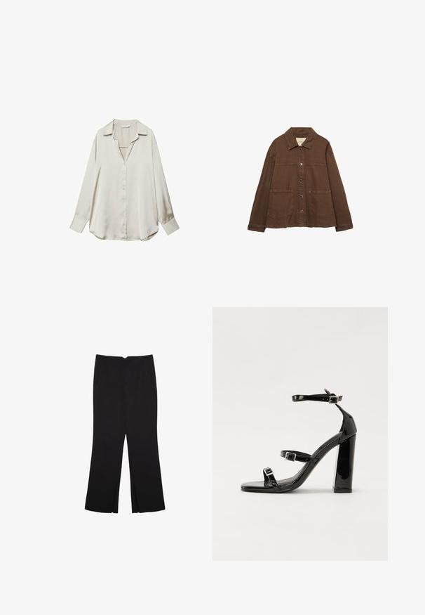 Brown cotton jacket featuring a collared neckline, front snap buttons, and two large patch pockets. Clean, straight-cut design.; Light beige satin long-sleeve shirt with a collared neck, button-down front, and a relaxed fit. Smooth texture, slightly curved hem.; Black trousers with a straight fit, featuring front pockets and side slits at the hem. Made of soft, smooth fabric. Suitable for various occasions.; Black patent heeled sandals with a square toe, ankle straps, and silver buckles. Features a chunky block heel for stability.
