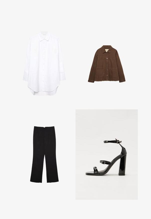 Ruskea puuvillapusero, jossa on kauluksellinen kaula-aukko, etuosassa napit ja kaksi suurta päällystaskua. Siisti, suora leikkaus.; Valkoinen pitkähihainen nappipaita, jossa on terävä kaulus ja kaareva helma, esillä yksinkertaista taustaa vasten.; Mustat housut suoralinjaisella leikkauksella, joissa on etutaskut ja sivurei'ät helman alla. Valmistettu pehmeästä ja sileästä kankaasta. Sopii eri tilaisuuksiin.; Musta kiiltävä korkokenkä sandaalit neliönmuotoisella varpaalla, nilkkaremmillä ja hopeisilla soljilla. Varustettu tukevalla lohkokorkealla vakauden takaamiseksi.