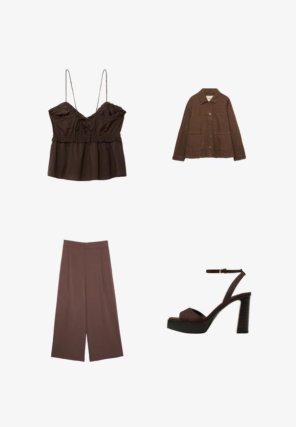 Ruskea puuvillapusero, jossa on kauluksellinen kaula-aukko, etuosassa napit ja kaksi suurta päällystaskua. Siisti, suora leikkaus.; Ruskea, hihaton toppi, jossa on kootut rintakappaleet, säädettävät spagettiolkaimet, röyhelöreunat sekä rento istuvuus, jossa on nyöriyksityiskohta.; Ruskeat leveälahkeiset housut, joissa on sileä pinta, korkea vyötärö ja etupleat. Kangas on kevyttä ja laskeutuu väljänä.; Ruske kožne sandale s visokom potpeticom, otvorenim prstima, podesivim kopčanjem oko gležnja i prugastim platformskim đonom.