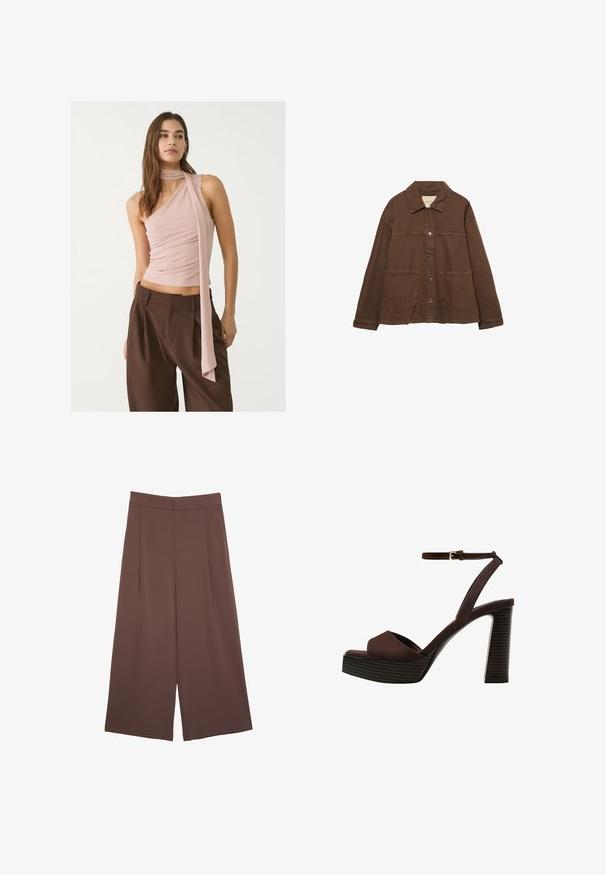 Ruskea puuvillapusero, jossa on kauluksellinen kaula-aukko, etuosassa napit ja kaksi suurta päällystaskua. Siisti, suora leikkaus.; Väljettä, epäsymmetrinen vaaleanpunainen toppi, jossa on ryttyilevä rakenne ja pitkä huivi. Yhdistetty ruskeisiin leveälahkeisiin housuihin. Pehmeä kangas, minimalistinen muotoilu.; Ruskeat leveälahkeiset housut, joissa on sileä pinta, korkea vyötärö ja etupleat. Kangas on kevyttä ja laskeutuu väljänä.; Ruske kožne sandale s visokom potpeticom, otvorenim prstima, podesivim kopčanjem oko gležnja i prugastim platformskim đonom.