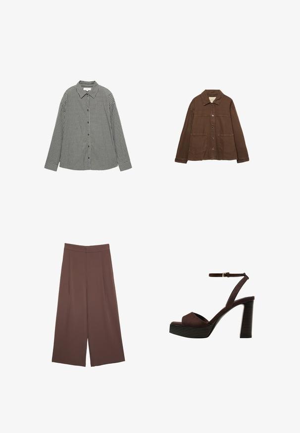 Brown cotton jacket featuring a collared neckline, front snap buttons, and two large patch pockets. Clean, straight-cut design.; Checkered shirt in black and white, featuring a button-down front, pointed collar, and long sleeves with a relaxed fit. Cotton fabric.; Brown wide-leg trousers with a smooth texture, featuring a high waist and front pleats. The fabric is lightweight and flows loosely.; Brown suede high-heeled sandal with an open toe, adjustable ankle strap, and a striped platform sole.