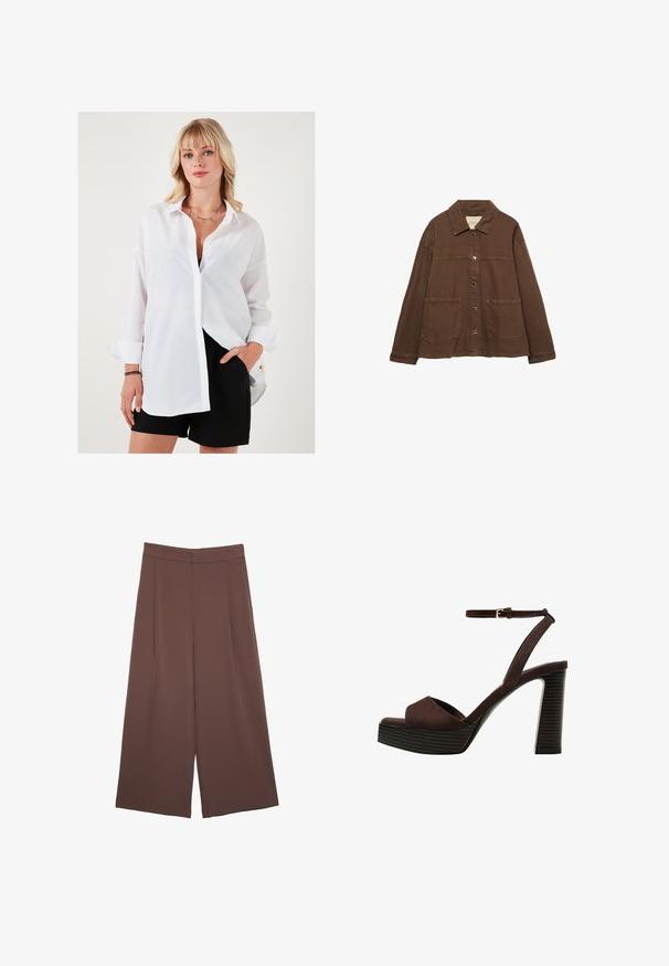 Braune Baumwolljacke mit einem Kragen, vorderen Druckknöpfen und zwei großen aufgesetzten Taschen. Sauberes, geradliniges Design.; Weißes Hemd mit langen Ärmeln, lässigem Schnitt und spitzem Kragen. Kombiniert mit schwarzen Shorts, die einen goldenen Akzentknopf aufweisen.; Braune Weite-Leg-Hosen mit einer glatten Textur, hoher Taille und Vorderfalten. Der Stoff ist leicht und fällt locker.; Braune Wildleder-Pumps mit offenem Zeh, verstellbarem Knöchelriemen und gestreiftem Plateausohlen.