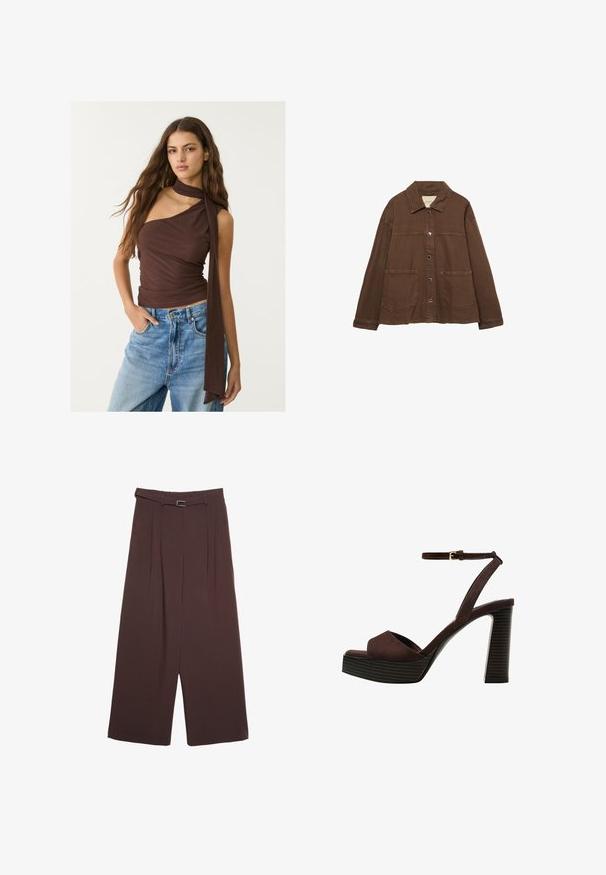 Brown cotton jacket featuring a collared neckline, front snap buttons, and two large patch pockets. Clean, straight-cut design.; Brown, sleeveless top with a draped neckline and long tie. Features a fitted silhouette, soft texture, and gathered design, paired with blue jeans.; Stradivarius WIDE-LEG WITH BUCKLE DETAIL - Trousers - dark brown; Brown suede high-heeled sandal with an open toe, adjustable ankle strap, and a striped platform sole.