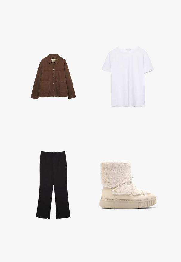 Brązowa bawełniana kurtka z kołnierzykiem, z przodu na zatrzaski i dwiema dużymi naszywanymi kieszeniami. Czysty, prosty krój.; Prosta, biała koszulka z krótkim rękawem i okrągłym dekoltem, z prostym wykończeniem, wyeksponowana na białym tle.; Czarne spodnie o prostym kroju, z przednimi kieszeniami i bocznymi rozcięciami na dole. Wykonane z miękkiego, gładkiego materiału. Odpowiednie na różne okazje.; Jasnokremowe wysokie botki z futrzanym, puszystym wykończeniem, skórzanymi akcentami i złotymi elementami, oraz teksturowaną gumową podeszwą.