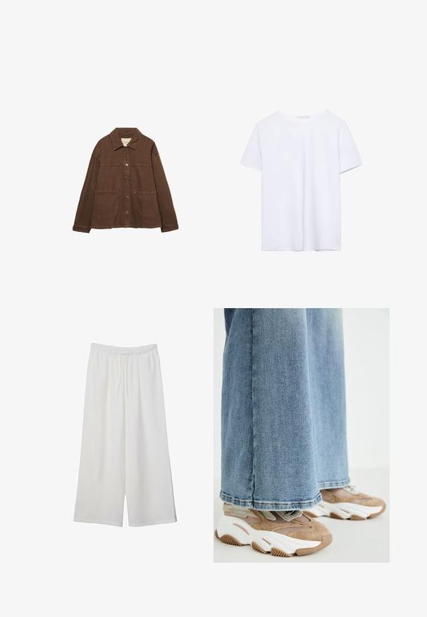 Brązowa bawełniana kurtka z kołnierzykiem, z przodu na zatrzaski i dwiema dużymi naszywanymi kieszeniami. Czysty, prosty krój.; Prosta, biała koszulka z krótkim rękawem i okrągłym dekoltem, z prostym wykończeniem, wyeksponowana na białym tle.; Białe szerokie spodnie wykonane z lekkiego materiału, z elastyczną talią i sznurkiem do regulacji fasonu. Gładka tekstura.; Steve Madden POSSESSIONE beżowy