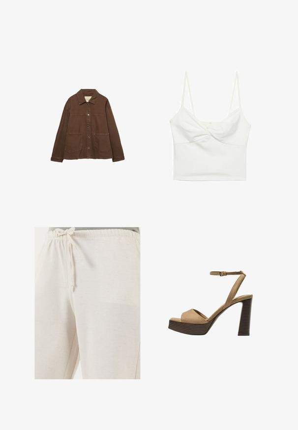 Rjava bombažna jakna z ovratnikom, sprednjimi snap gumbi in dvema velikima žepoma. Čista, ravna krojna zasnova.; Bela kratka top majica z tankimi naramnicami, ki ima zasukano sprednjo zasnovo in gladko teksturo. Narejena iz raztegljive tkanine.; LELA REGULAR FIT - Hlače - beige; Bež semiš sandali na visoki peti z širokim sprednjim trakom in trakom okoli gležnja, opremljeni z debelim lesenim blokom peto z teksturirano površino.