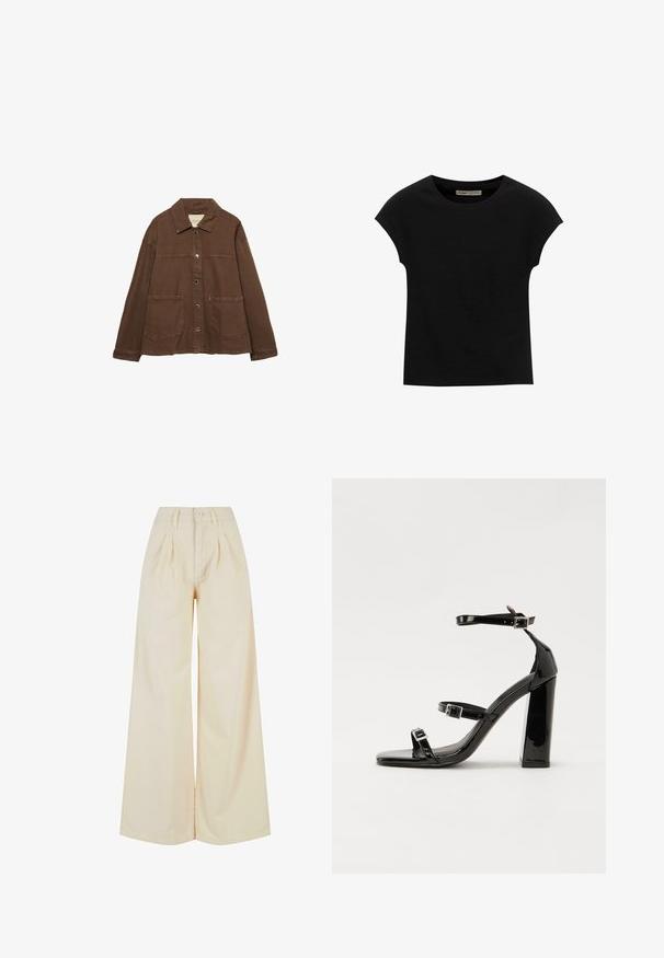 Ruskea puuvillapusero, jossa on kauluksellinen kaula-aukko, etuosassa napit ja kaksi suurta päällystaskua. Siisti, suora leikkaus.; Mustat lyhythihaiset T-paidat, jotka on valmistettu pehmeästä kankaasta, pyöreä kaula-aukko ja rento istuvuus, sileä pinta eikä kuvioita.; Beige leveleilahousut korkealla vyötäröllä, joissa on nappisulku ja laskosdetaljeja. Sujuva kangas pehmeällä tekstuurilla.; Musta kiiltävä korkokenkä sandaalit neliönmuotoisella varpaalla, nilkkaremmillä ja hopeisilla soljilla. Varustettu tukevalla lohkokorkealla vakauden takaamiseksi.